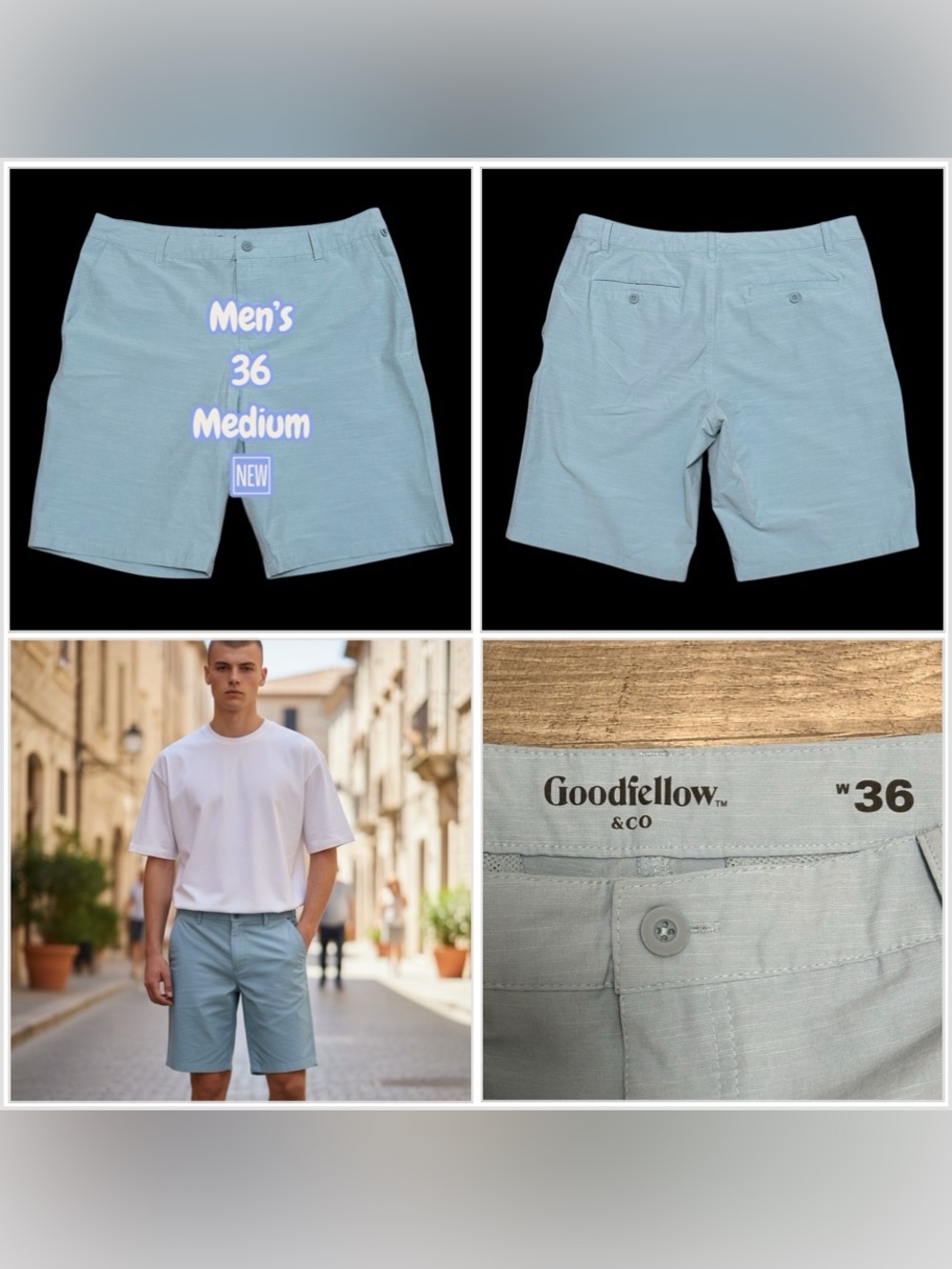 Mens Goodfellow 36 Medium Khakis Chino Blue Shorts Hybrid Casual Stretch Golf